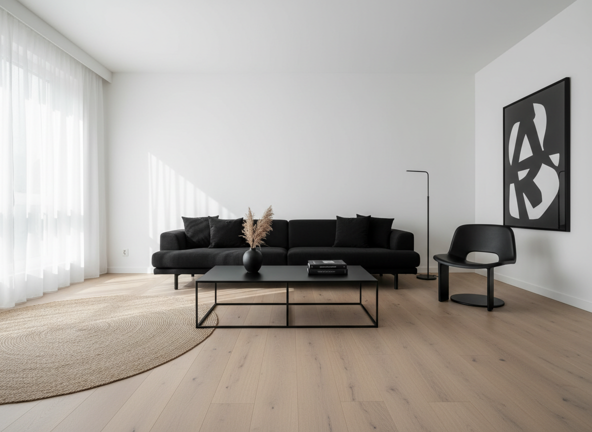 Sala moderna com piso laminado claro instalado, paredes brancas e decoração minimalista